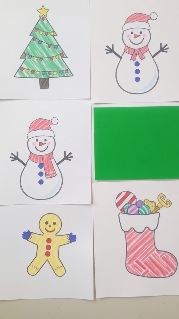 Easy Christmas Drawing Ideas A collage of easy Christmas drawings featuring a tree, snowman, Santa, gingerbread man, and stocking.